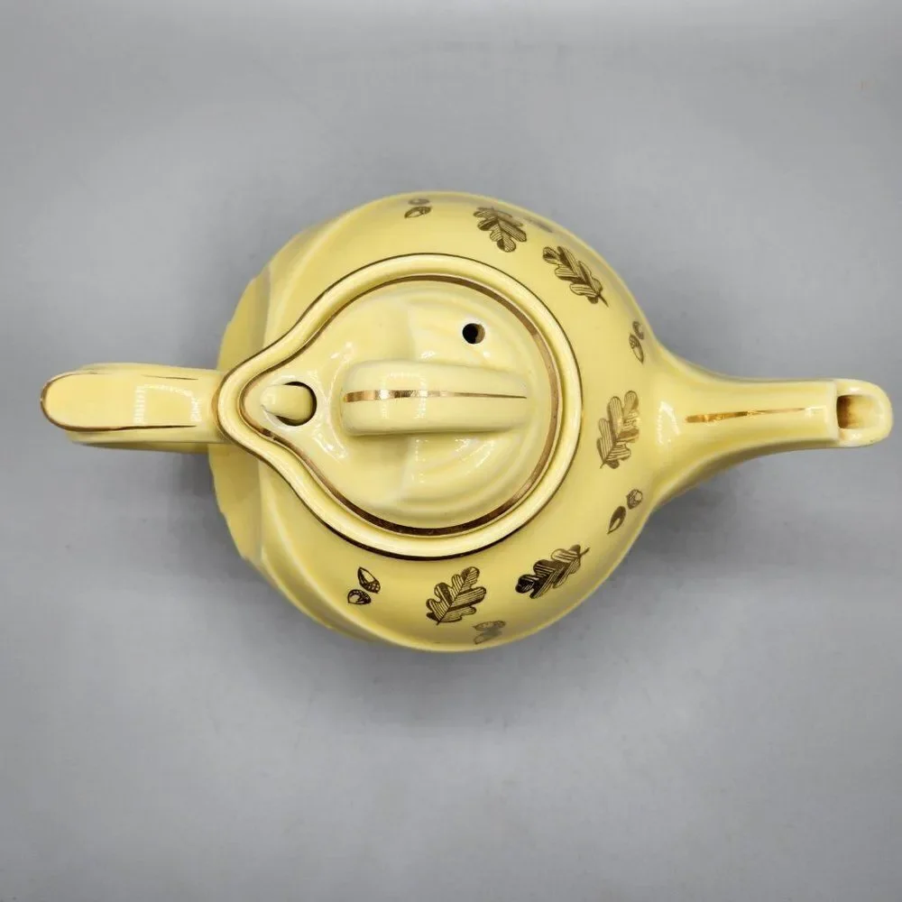 Vtg HALL Teapot Yellow 6 Cup 0799 Made in USA Art Deco Gold Trim Autumn Leaves
